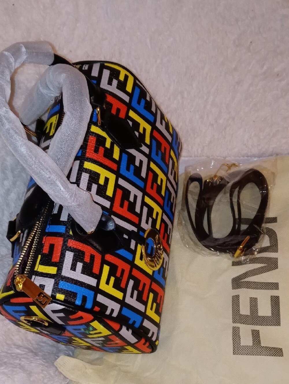 Fendi Multicolor FF Pattern Boston Bag with Black Trim - Picture 12 of 13